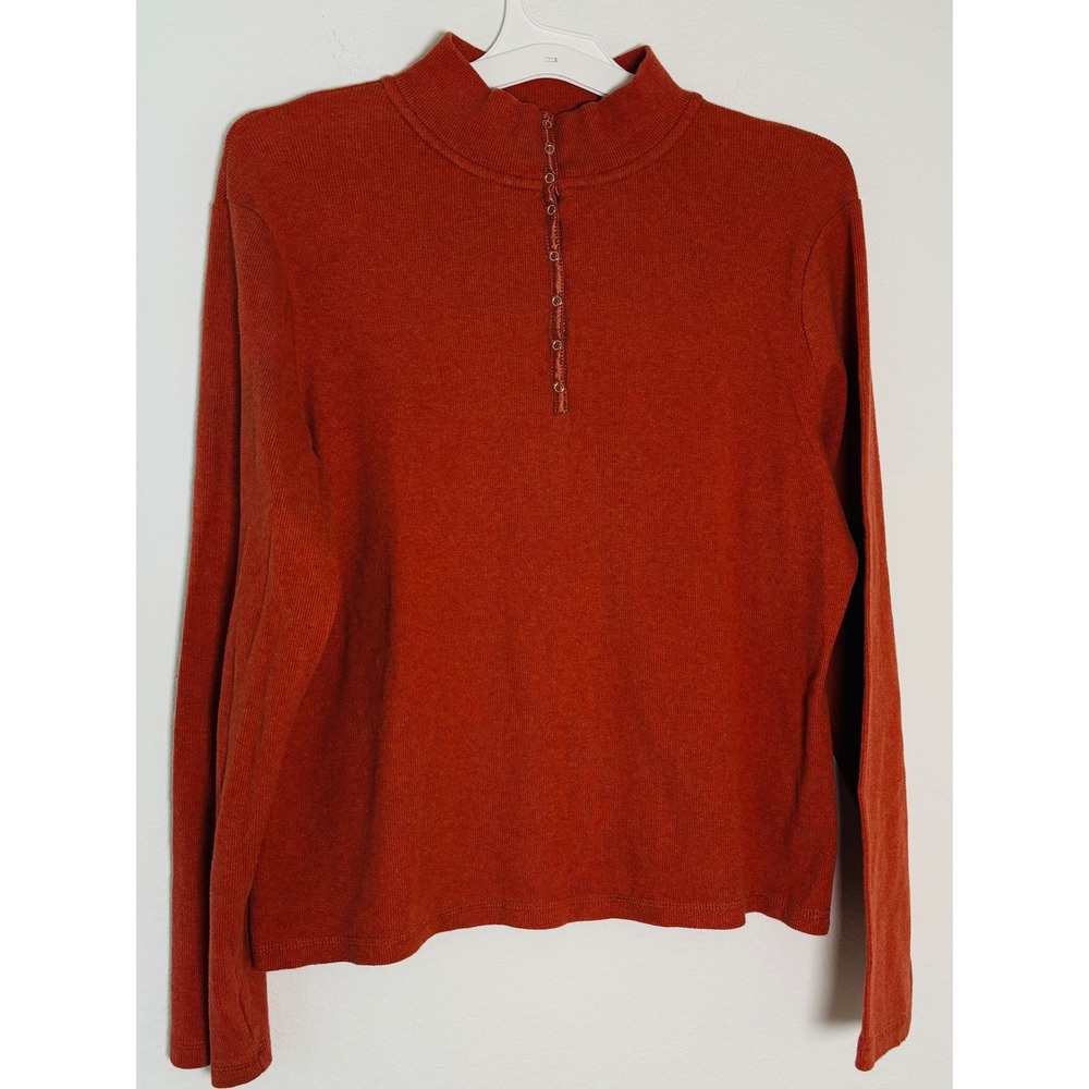 Croft & Barrow Rust Orange Ribbed Mock Neck Snap Front‎ Long Sleeve Top XL
